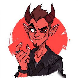 A tricky, sarcastic, and handsome demon man character from a fantasy setting, illustrated with a cheeky smile and a playful glint in his eyes