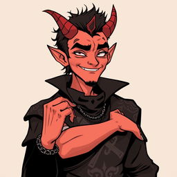 A tricky, sarcastic, and handsome demon man character from a fantasy setting, illustrated with a cheeky smile and a playful glint in his eyes