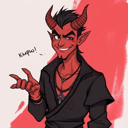A tricky, sarcastic, and handsome demon man character from a fantasy setting, illustrated with a cheeky smile and a playful glint in his eyes
