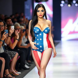 Full length photograph of a shapely, stunning 18-year-old woman with pale skin, long black hair, and striking crystal blue eyes