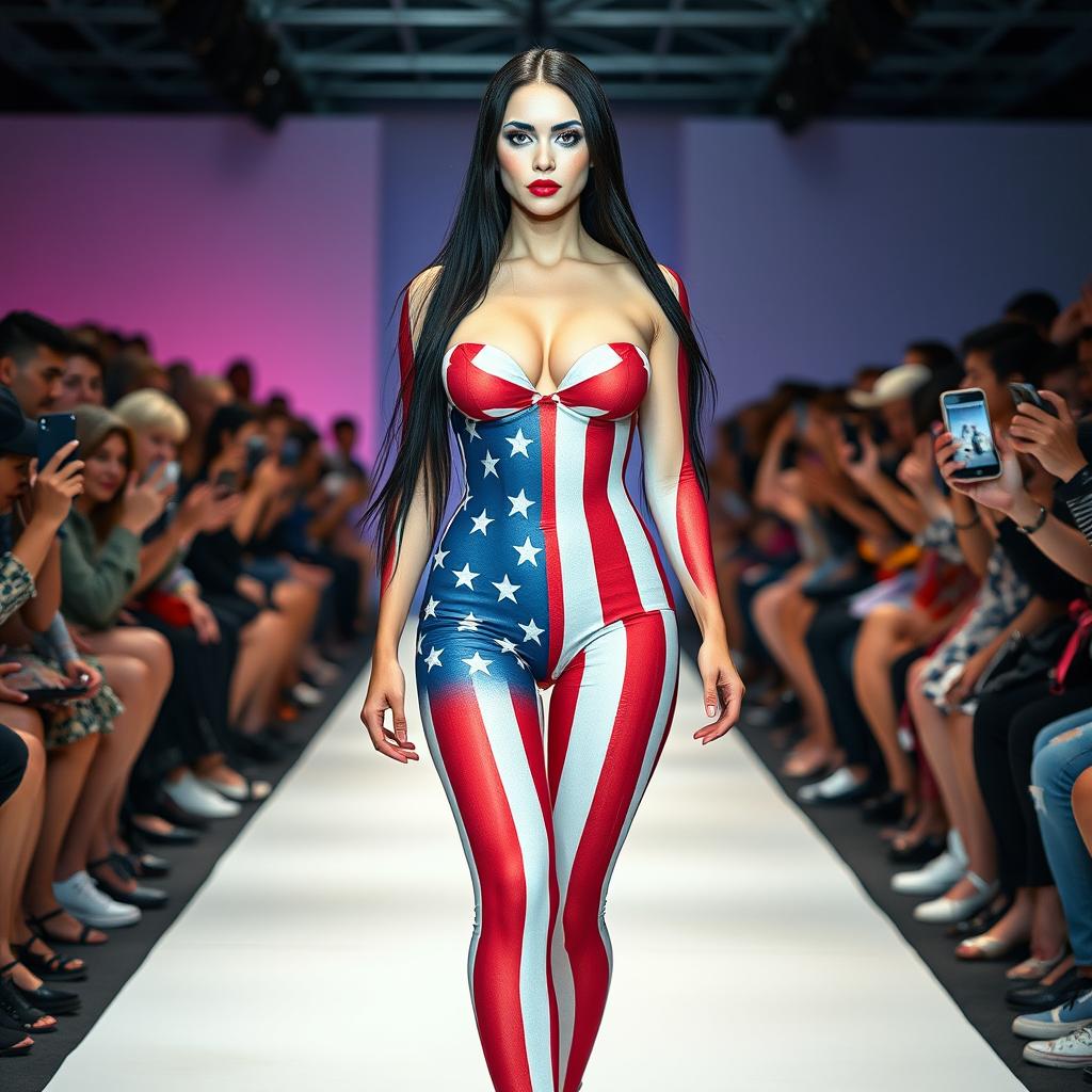 Full length photograph of a shapely, stunning 18-year-old woman with pale skin, long black hair, and striking crystal blue eyes