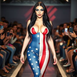 Full length photograph of a shapely, stunning 18-year-old woman with pale skin, long black hair, and striking crystal blue eyes