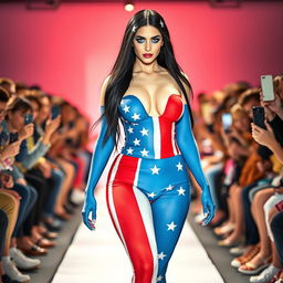 Full length photograph of a shapely, stunning 18-year-old woman with pale skin, long black hair, and striking crystal blue eyes