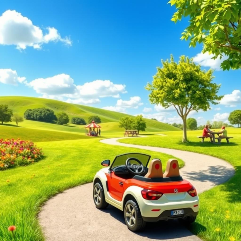 A vibrant and engaging background featuring a playful outdoor scene perfect for a ride-on car advertisement