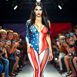 Full length photograph of a shapely, stunning 18-year-old woman with pale skin, long black hair, and mesmerizing crystal blue eyes