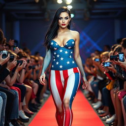 Full length photograph of a shapely, stunning 18-year-old woman with pale skin, long black hair, and mesmerizing crystal blue eyes