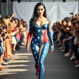 Full length photograph of a shapely, stunning 18-year-old woman with pale skin, long black hair, and mesmerizing crystal blue eyes