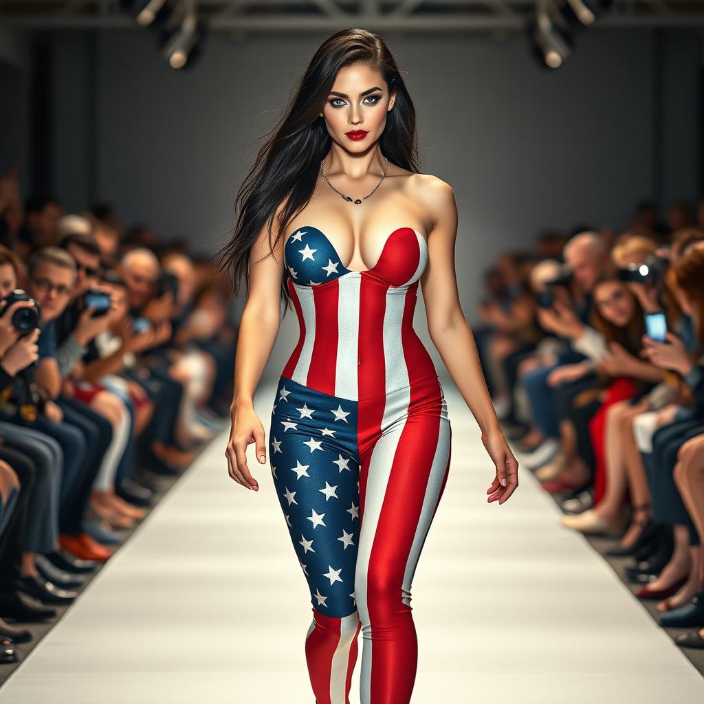 Full length photograph of a shapely, stunning 18-year-old woman with pale skin, long black hair, and mesmerizing crystal blue eyes