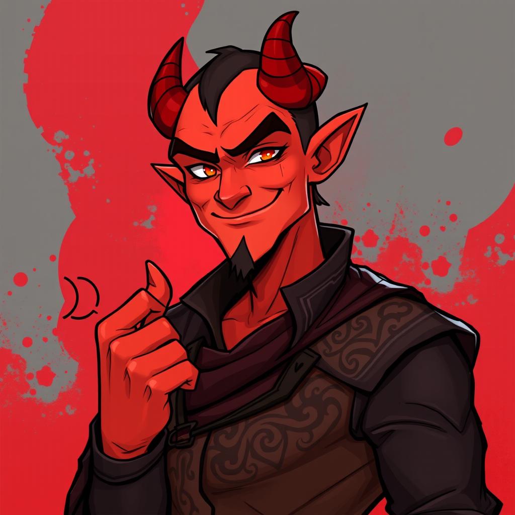 A handsome demon man character from a fantasy setting, depicted shrugging sarcastically with an amused smirk on his face