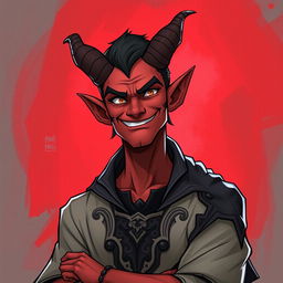 A handsome demon man character from a fantasy setting, depicted shrugging sarcastically with an amused smirk on his face