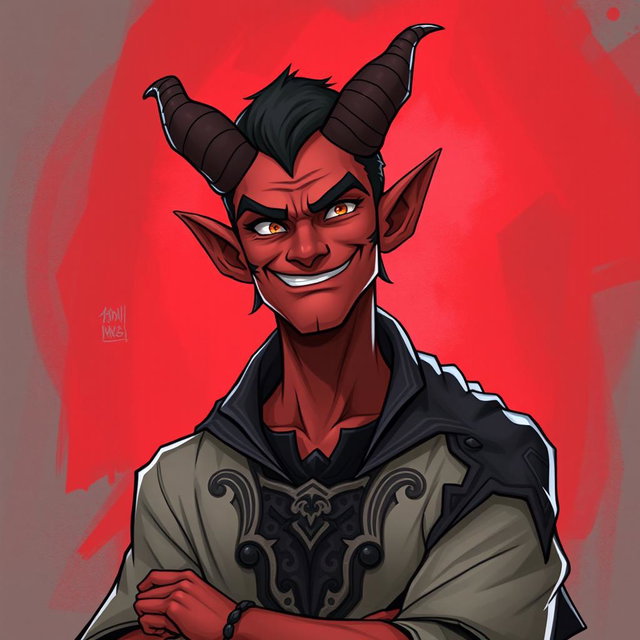 A handsome demon man character from a fantasy setting, depicted shrugging sarcastically with an amused smirk on his face