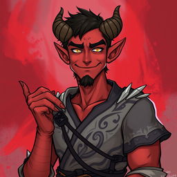 A handsome demon man character from a fantasy setting, depicted shrugging sarcastically with an amused smirk on his face