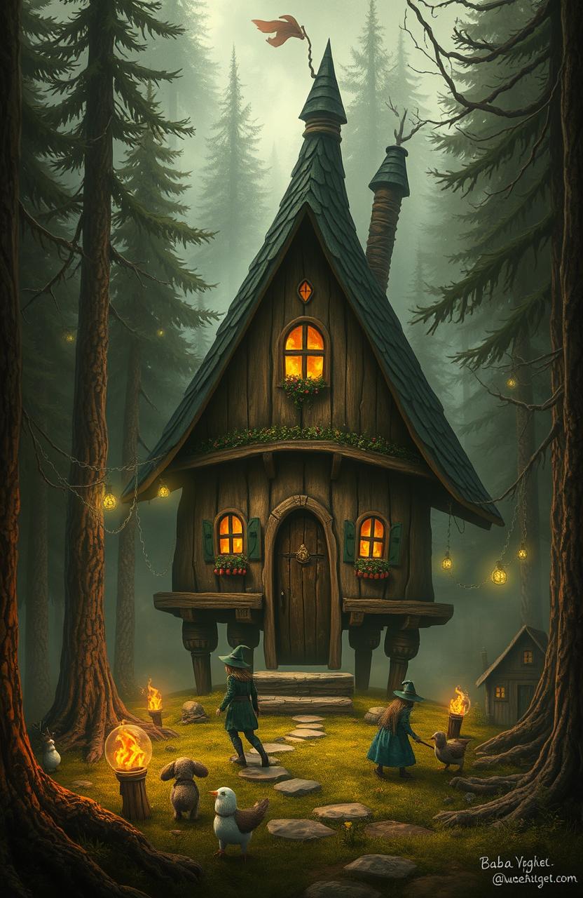 In a mystical forest at the boundary of three worlds stands a quaint hut on chicken legs, home to the enigmatic and powerful Baba Yaga, surrounded by her spellbinding daughters with magical abilities