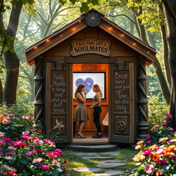 An enchanted photobooth cabin set in a whimsical forest glade, adorned with twinkling fairy lights and magical symbols