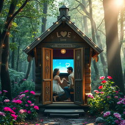 An enchanted photobooth cabin set in a whimsical forest glade, adorned with twinkling fairy lights and magical symbols