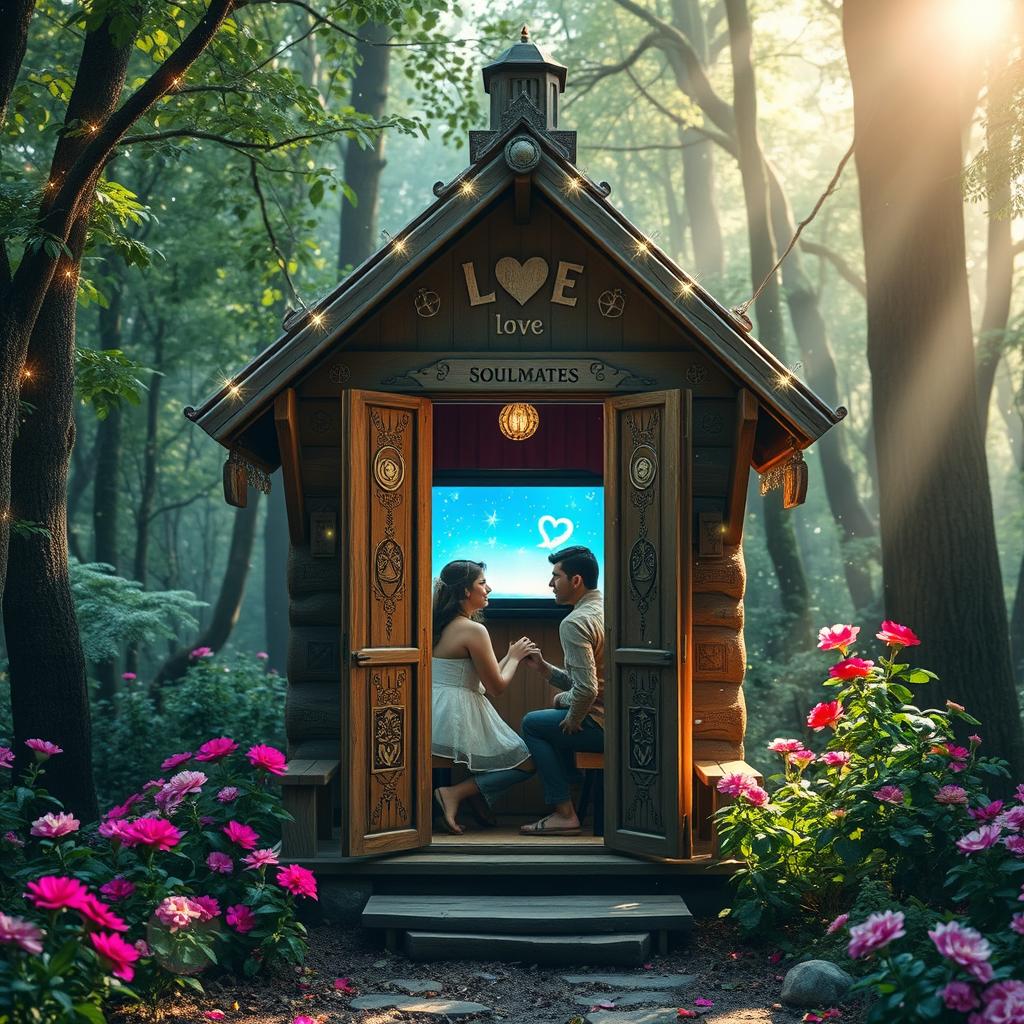 An enchanted photobooth cabin set in a whimsical forest glade, adorned with twinkling fairy lights and magical symbols