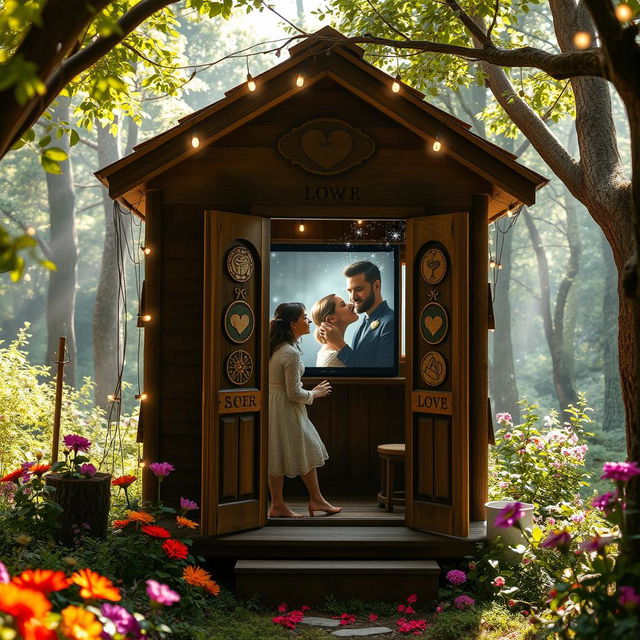 An enchanted photobooth cabin set in a whimsical forest glade, adorned with twinkling fairy lights and magical symbols