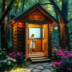 An enchanted photobooth cabin set in a whimsical forest glade, adorned with twinkling fairy lights and magical symbols