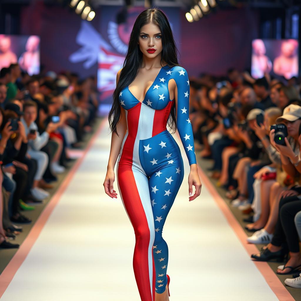 Full length photograph of a shapely, stunning 18-year-old woman with pale skin, long black hair, and captivating crystal blue eyes