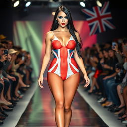 Full length photograph of a shapely, stunning 18-year-old woman with pale skin, long black hair, and mesmerizing crystal blue eyes