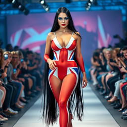 Full length photograph of a shapely, stunning 18-year-old woman with pale skin, long black hair, and mesmerizing crystal blue eyes