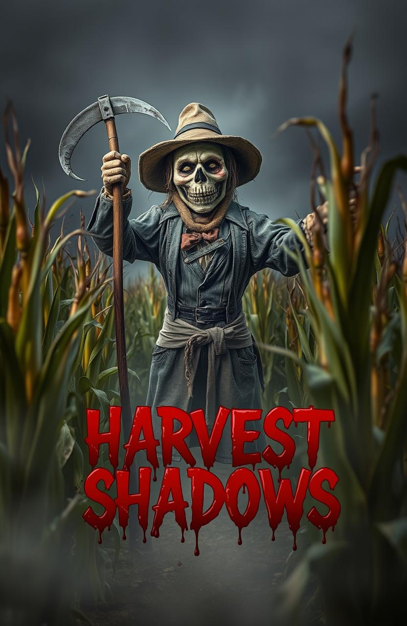 A spooky corn maze setting with a detailed scarecrow wielding a sickle, standing ominously among tall, yellow, and green corn stalks