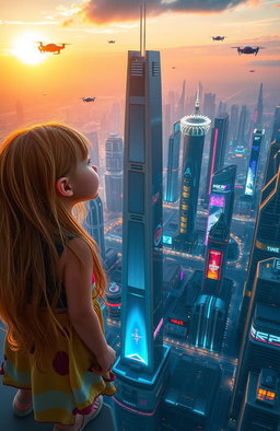 A young girl with long flowing hair, wearing a colorful outfit, is gazing at a sprawling futuristic city skyline filled with sleek skyscrapers and advanced architecture