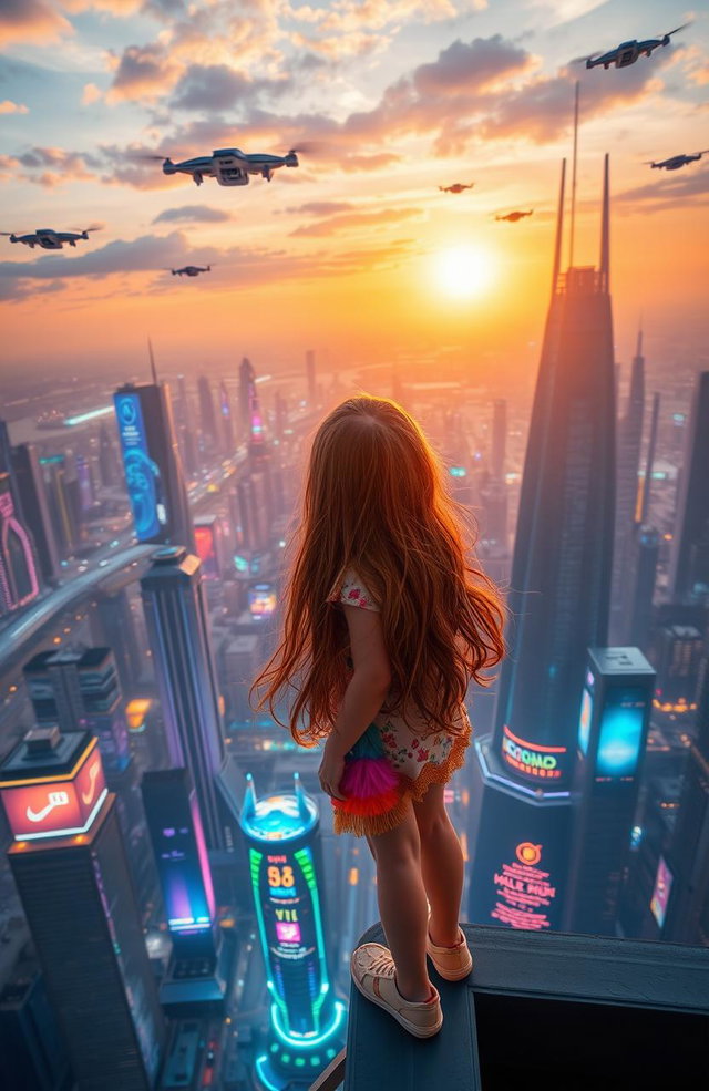 A young girl with long flowing hair, wearing a colorful outfit, is gazing at a sprawling futuristic city skyline filled with sleek skyscrapers and advanced architecture
