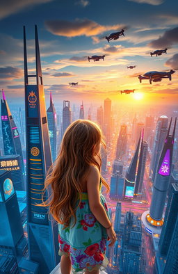 A young girl with long flowing hair, wearing a colorful outfit, is gazing at a sprawling futuristic city skyline filled with sleek skyscrapers and advanced architecture