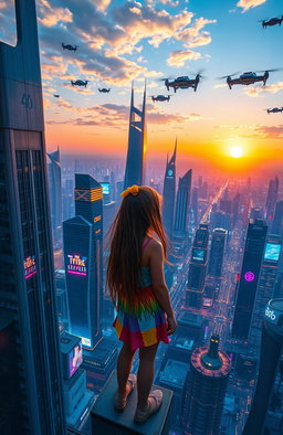 A young girl with long flowing hair, wearing a colorful outfit, is gazing at a sprawling futuristic city skyline filled with sleek skyscrapers and advanced architecture