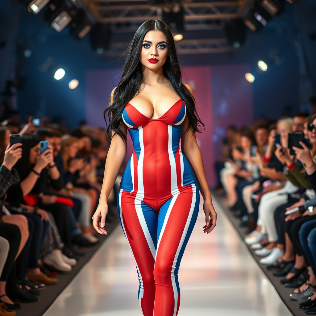 Full length photograph of a shapely, stunning 18-year-old woman with pale skin, long black hair, and striking crystal blue eyes