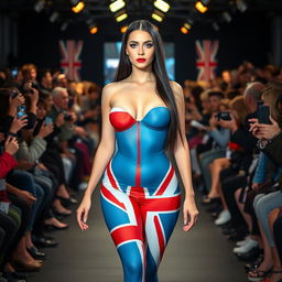 Full length photograph of a shapely, stunning 18-year-old woman with pale skin, long black hair, and striking crystal blue eyes