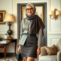 A stylish and elegant mature woman (milf) wearing a chic outfit that includes a short skirt and a fashionable hijab