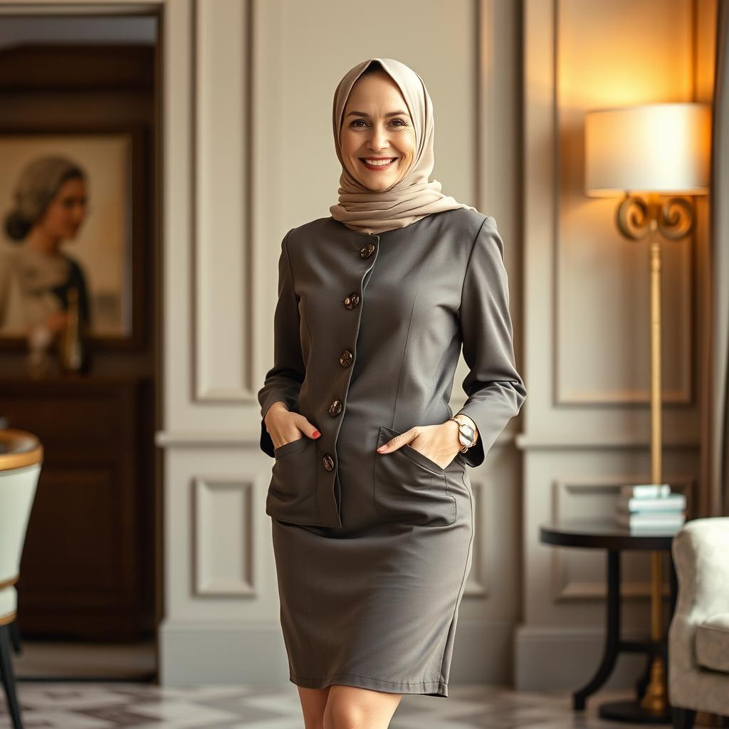 A stylish and elegant mature woman (milf) wearing a chic outfit that includes a short skirt and a fashionable hijab