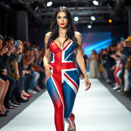 Full length photograph of a shapely, stunning 18-year-old woman with pale skin, long black hair, and striking crystal blue eyes