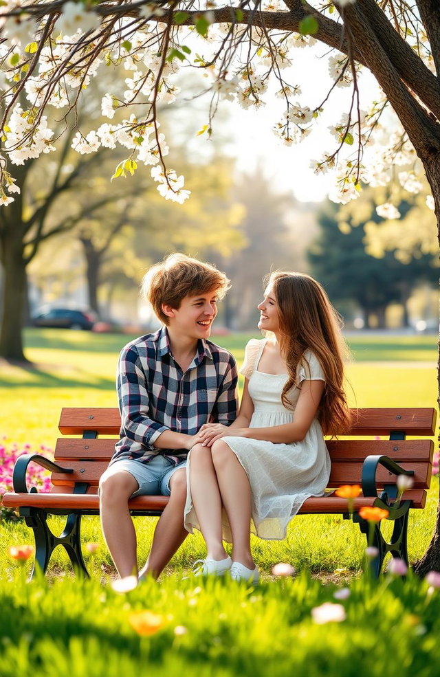 A sweet and heartwarming scene of innocent teenage love, featuring two teenagers sitting on a park bench under a tree in spring