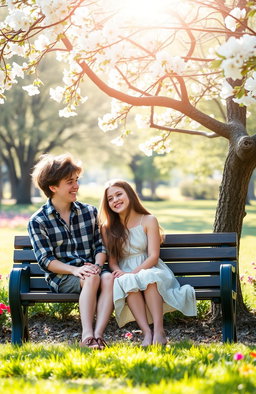 A sweet and heartwarming scene of innocent teenage love, featuring two teenagers sitting on a park bench under a tree in spring