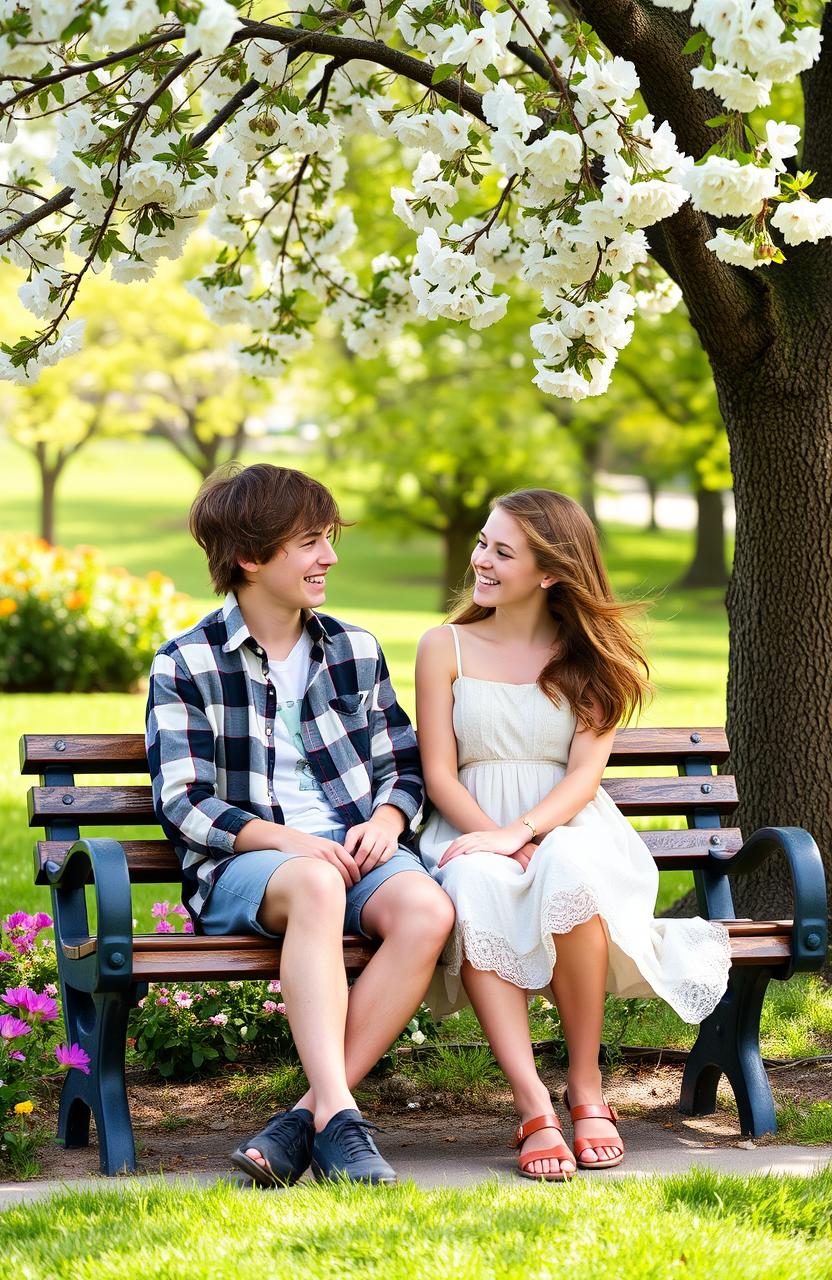 A sweet and heartwarming scene of innocent teenage love, featuring two teenagers sitting on a park bench under a tree in spring