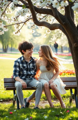 A sweet and heartwarming scene of innocent teenage love, featuring two teenagers sitting on a park bench under a tree in spring
