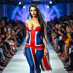 Full length photograph of a shapely, stunning 18-year-old woman with pale skin and long black hair