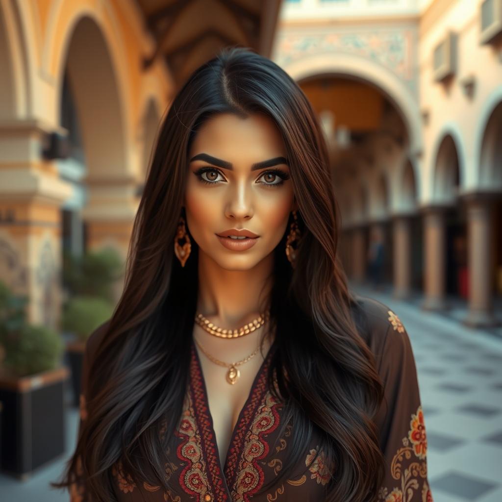 A modern Arab woman in her 30s, exuding confidence and charisma