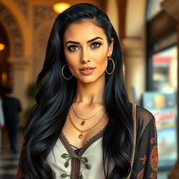 A modern Arab woman in her 30s, exuding confidence and charisma