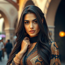 A modern Arab woman in her 30s, exuding confidence and charisma