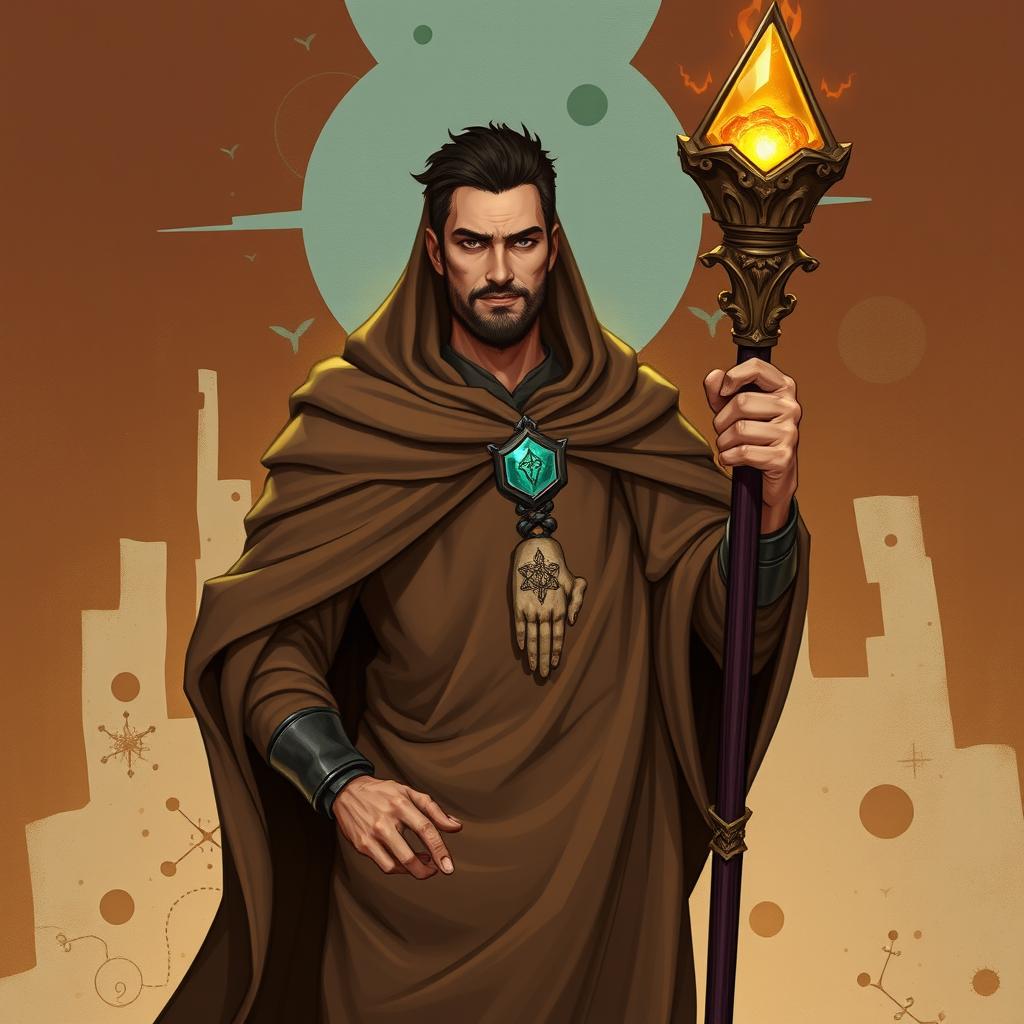 A brown-robed cleric serving the god of strangeness, Moander, depicted in a dynamic Dungeons and Dragons style illustration