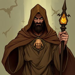 A brown-robed cleric serving the god of strangeness, Moander, depicted in a dynamic Dungeons and Dragons style illustration
