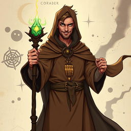 A brown-robed cleric serving the god of strangeness, Moander, depicted in a dynamic Dungeons and Dragons style illustration