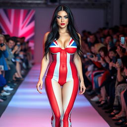 Full length photograph of a shapely, stunning 18-year-old woman with pale skin and long black hair, exuding confidence