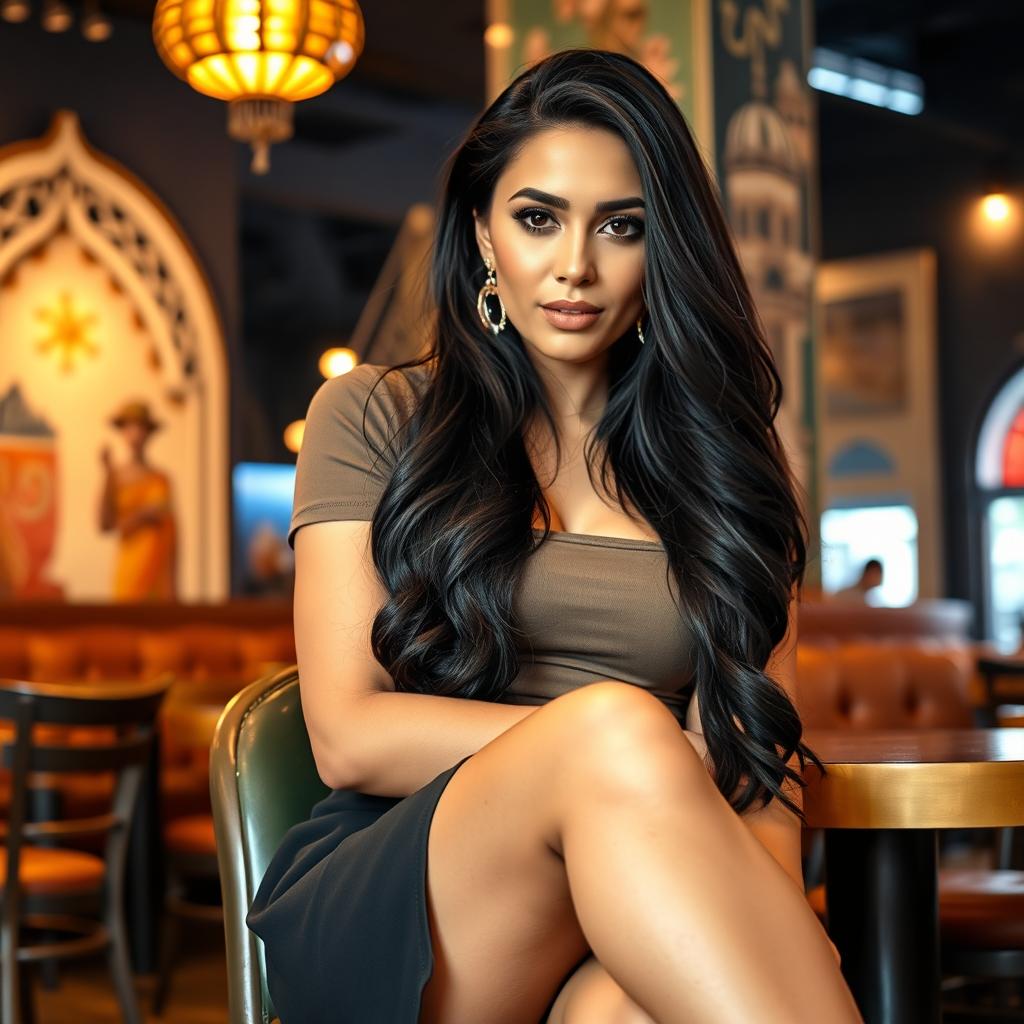 A modern Arab woman in her 30s, confidently sitting with her legs crossed