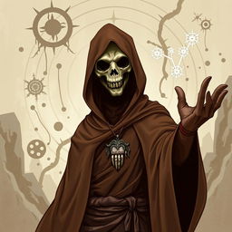 A brown-robed cleric of the god of strangeness, Moander, depicted in a captivating Dungeons and Dragons style illustration