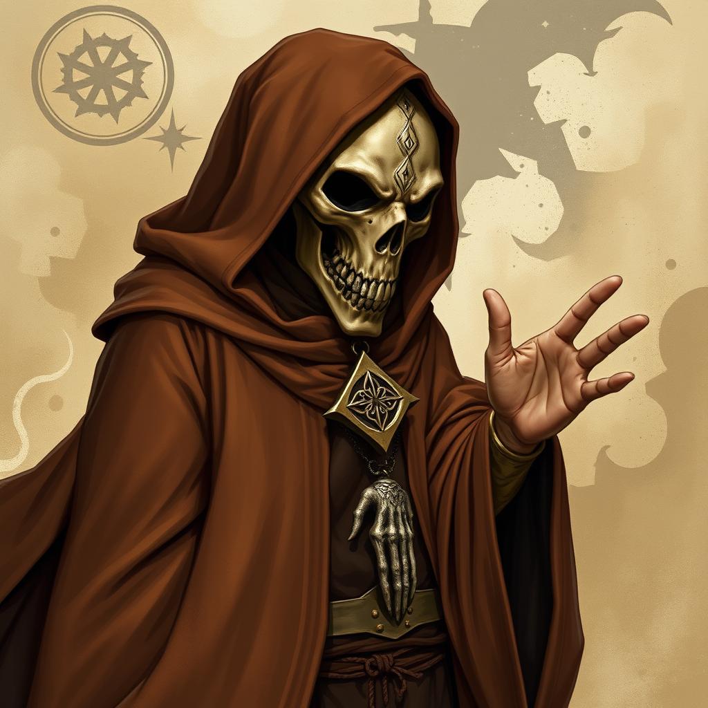 A brown-robed cleric of the god of strangeness, Moander, depicted in a captivating Dungeons and Dragons style illustration